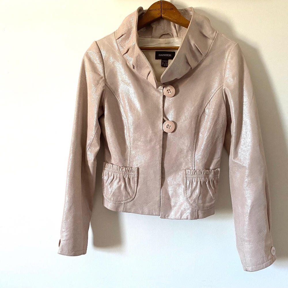 90’s Danier Vintage Shimmery Pink Sueded Leather Jacket, Metallic Ruffled Collar